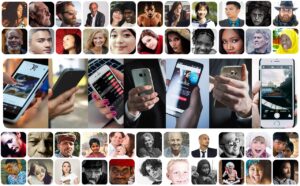 Hands holding iphones and a variety of photos of diverse people.