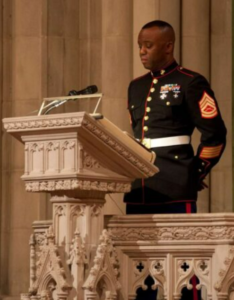 An U.S. Marine Corps gunnery sergeant gives an address during a worship service celebrating the 237th birthday of the Marine Corps at the Washington National Cathedral in Washington, D.C., Nov. 11, 2012.