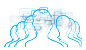Outlines of peoples heads with word bubbles in the background.