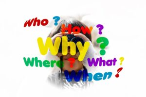 Person with binoculars and language over the image: Who? How? Why? Where? What? When?